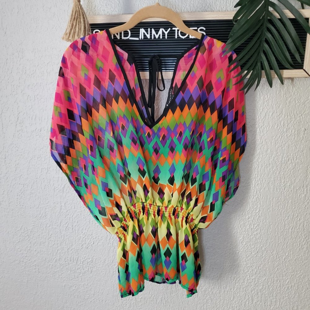 Forever 21 I Harlequin Diamond Chiffon Sheer Multi Colored Batwing Blous…